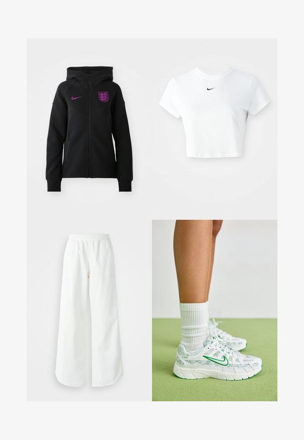 Melna Nike kapuce ar struktūru, purpursarkans logo un Anglijas emblēma uz krūtīm, kā arī sānu rāvējslēdzēja kabatas.; Balts īss krekls no kokvilnas ar īsām piedurknēm un apaļu kakla izgriezumu, uz krūtīm ir melns Nike logo.; Baltas, platais sporta bikses ar ribotu jostasvītru un smalku logotipa detaļu. Gluda auduma ar brīvu piegriezumu un sašaurinātu apakšdaļu.; Nike P-6000 sporta apavi baltā krāsā ar zaļiem akcentiem, ar strukturētu dizainu, sietveida augšdaļu un rakstainām apdarēm. Valkāti ar baltām ribotām zeķēm.