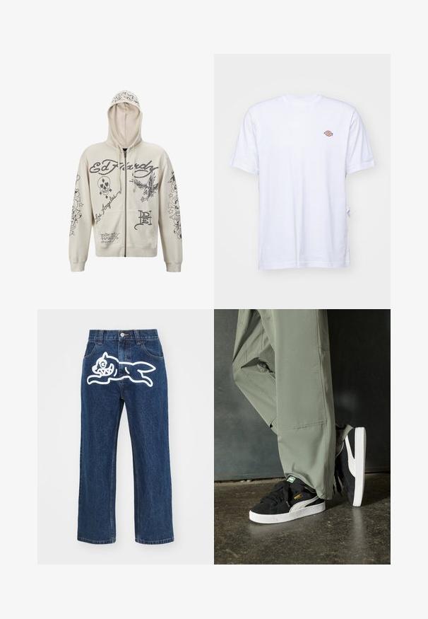 Felpa beige con zip e cappuccio. Presenta grafiche nere, comprese scritte e illustrazioni di un teschio e un'aquila. Due tasche frontali.; T-shirt bianco in cotone con scollo a V e maniche corte. Presenta un piccolo logo ricamato colorato sul petto sinistro. Texture morbida.; Jeans a gamba larga blu scuro con una grande grafica di un cane cartoon bianco sul taschino posteriore. Texture in denim, design tradizionale a cinque tasche.; Sneaker in suede nero con suole in gomma bianca e strisce laterali, abbinate a pantaloni cargo verde chiaro, in piedi su una superficie scura e texture.