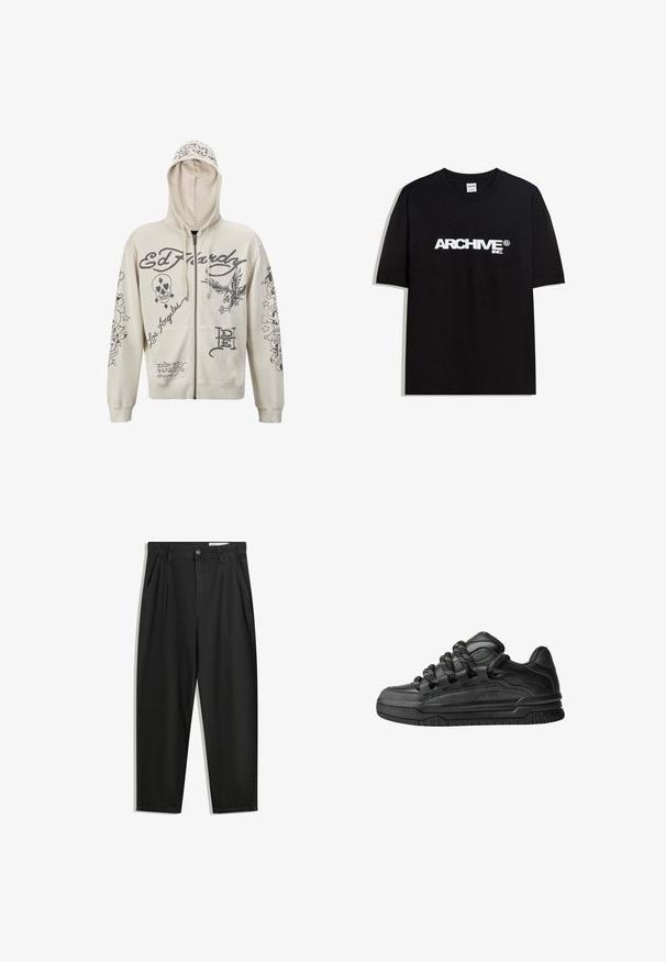 Felpa beige con zip e cappuccio. Presenta grafiche nere, comprese scritte e illustrazioni di un teschio e un'aquila. Due tasche frontali.; T-shirt in cotone nero con il logo bianco "ARCHIVE inc." stampato sul petto, maniche corte e colletto a girocollo.; Pantaloni in cotone neri con una vestibilità rilassata, dotati di una vita classica, pieghe frontali e tasche laterali. Tessuto liscio senza fantasie.; Sneaker nere con una toma in pelle liscia, dettagli testurizzati e lacci tondi neri e bianchi. Suola spessa in gomma con battistrada gommato.