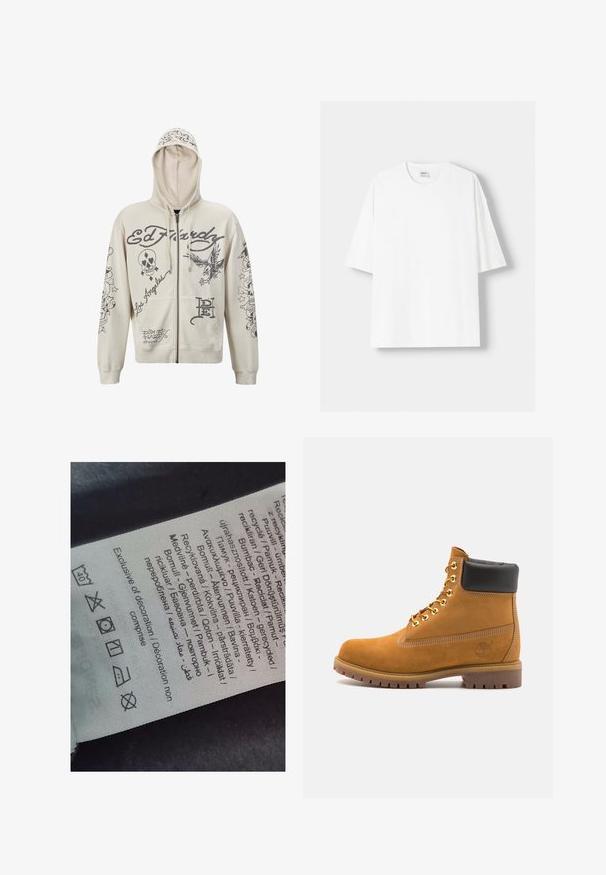 Beige lynlås hættejakke med hætte. Har sorte grafiske designs, herunder tekst og illustrationer af et kranium og en ørn. To forlommer.; Hvid kortærmet T-shirt lavet af bomuld, med rund halsudskæring og en afslappet pasform. Glat tekstur, uden synlige mønstre eller detaljer.; Et label med flersprogede tekster, pleje symboler og genbrug ikoner, trykt på et blødt stoflignende materiale i lyse farver.; Tan nubuck ankelstøvle med sort polstret krave, gyldne metaløjer, hvid syning detaljer og robust gummisål med udtalte slidbaner.