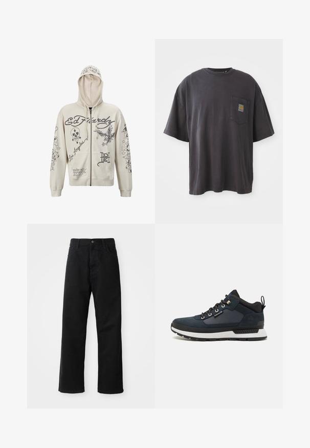 Beige zip-up hoodie with a hood. Features black graphic designs, including text and illustrations of a skull and eagle. Two front pockets.; Black cotton t-shirt with short sleeves, a round neckline, and a left chest pocket featuring a square logo patch. Simple and unembellished design.; Black denim pants with a straight cut, featuring front pockets, a zip fly, and a single top button. Textured fabric with a matte finish.; Navy blue hiking shoe with suede and textile upper, white midsole, black outsole, and metallic eyelets. Features a rear pull tab for easy wear.