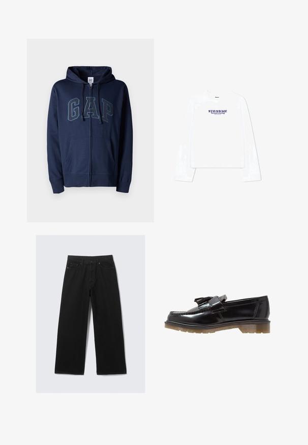 GAP HERITAGE LOGO - Camisola com fecho - tapestry navy; T-shirt branco de mangas longas com decote redondo e design cropped. Texto impresso em roxo diz "PERMANECE PORREIRO O normal é aborrecido."; Calças largas pretas feitas de denim, apresentando um design clássico de cinco bolsos e uma cintura estruturada com passadores para cinto.; Mocassins pretos em pele envernizada com um design trançado, detalhe de borlas e uma sola em borracha grossa e texturizada. A vista lateral destaca o seu perfil elegante.
