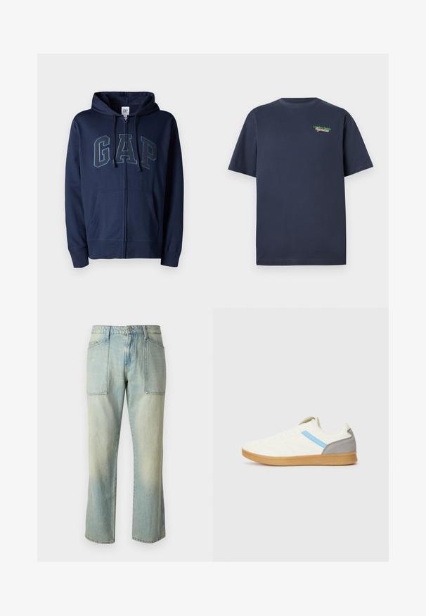 GAP HERITAGE LOGO - Felpa con zip - tapestry navy; Maglietta a maniche corte in cotone blu navy con "London Fields Superstore" ricamato in verde e rosso sulla parte superiore del petto sinistro.; Jeans in denim azzurro chiaro con taglio dritto, cuciture visibili e due ampie tasche frontali. Il tessuto ha una texture sbiadita.; Sneaker con una parte superiore color crema, striscia laterale blu e accentuazione grigia sul tallone. Presenta un design testurizzato e suola in gomma naturale.