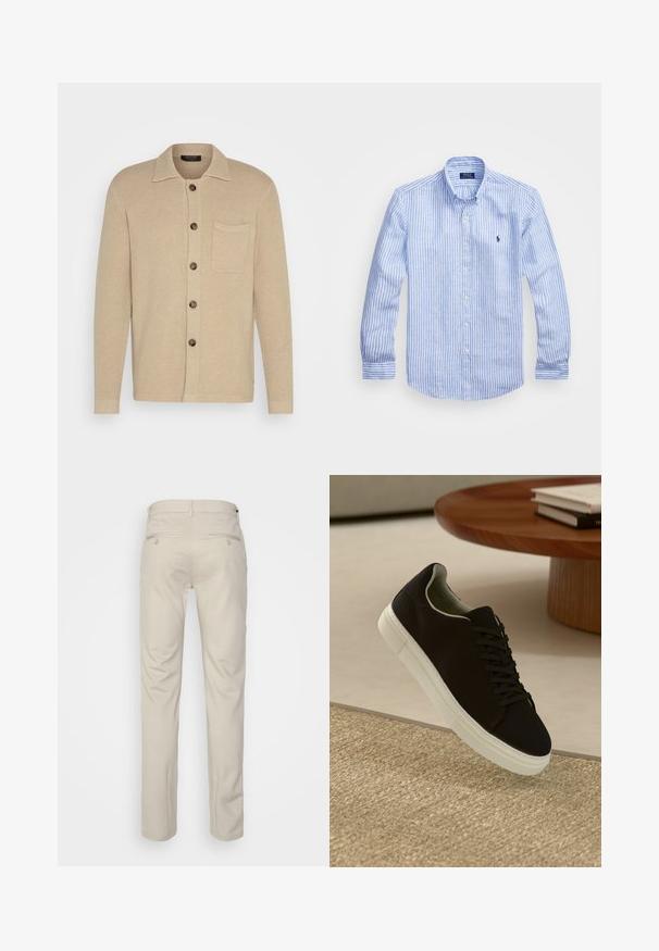 Cardigan de malha bege com gola, sete botões e um bolso no peito. Tecido texturizado e mangas longas com punhos simples.; Camisa de manga longa azul e branca com riscas, feita de algodão, apresentando um colarinho abotoado, botões frontais e um pequeno logotipo bordado no peito.; Calças bege com uma textura suave, corte reto, dois bolsos traseiros com botões e uma cintura padrão.; Sneaker preto com sola branca flutuando acima de um tapete texturizado bege, perto de uma mesa redonda de madeira com livros empilhados.