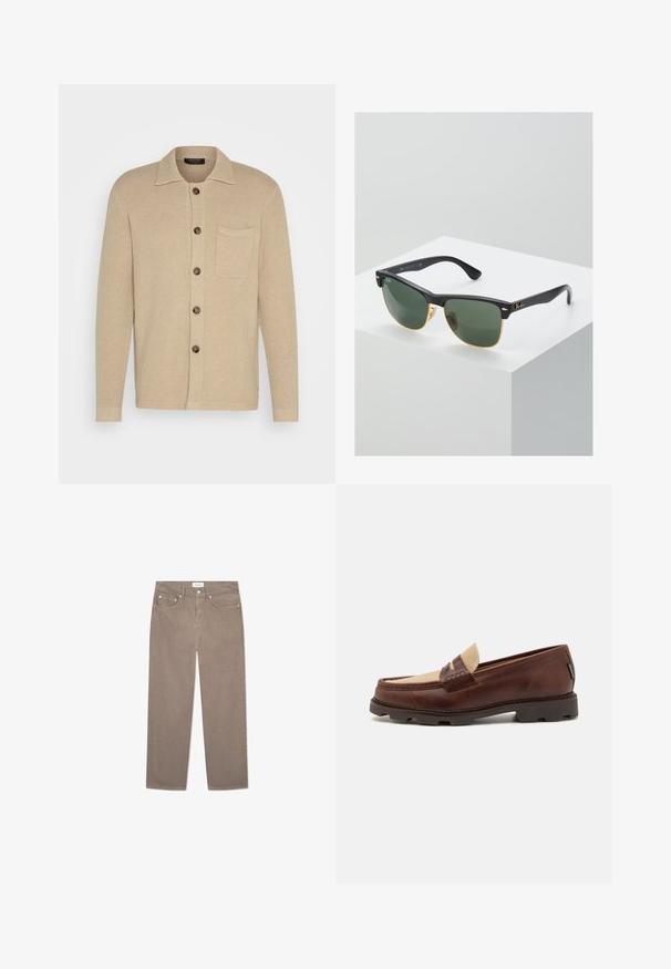 Jachetă tricotată bej cu guler, șapte butoane și un buzunar pe piept. Material texturat și mâneci lungi cu manșete simple.; Top din bumbac alb, cu decolteu rotund, bretele late și margine dreaptă, având o textură fină și fără modele vizibile.; Jeans drepti maro, cu un design cu cinci buzunare, accesorii metalice și o textură netedă. Țesătura are un model subtil și uniform.; Loaferi din piele maro cu un accent din pânză taupe, detalii cusute și o talpă din cauciuc texturat, proiectați pentru confort și durabilitate.; Ochelari de soare Ray-Ban cu lentile verzi, rame din plastic negru și accente aurii pe margini. Formă pătrată cu un finisaj mat.