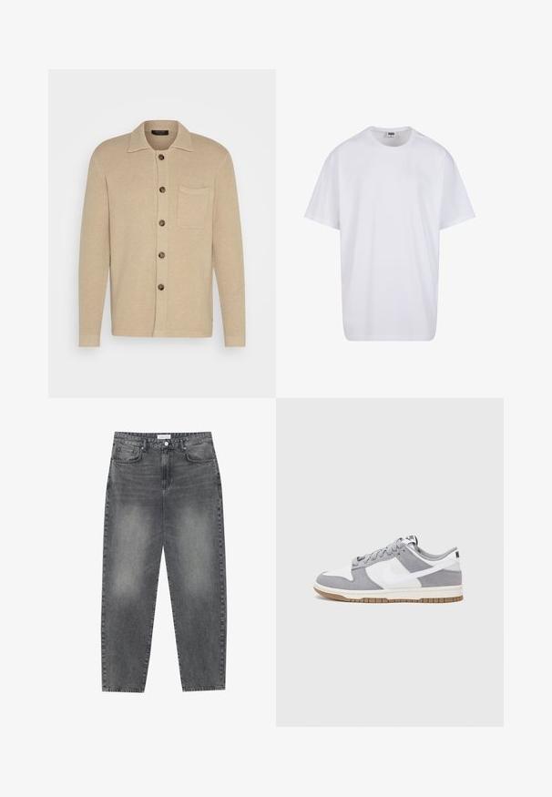 Bež pleteni kardigan s ovratnikom, sedam dugmadi i džepom na prsima. Teksturirana tkanina i duži rukavi s jednostavnim manžetama.; Bijela pamučna majica s kratkim rukavima, zaobljenim izrezom, opuštenog kroja, bez vidljivih logotipa ili uzoraka. Glatka tekstura i minimalni dizajn.; Traperice visokog struka, širokog kroja u izblijedjelom crnom denimu. Imaju pet džepova, petlje za remen, i čist, ravni kroj nogu.; Sivi i bijeli tenisice s gornjištem od antilopa i kože, okruglim vrhom, ravnim vezicama i gumenim potplatom s dodatkom boje gume.