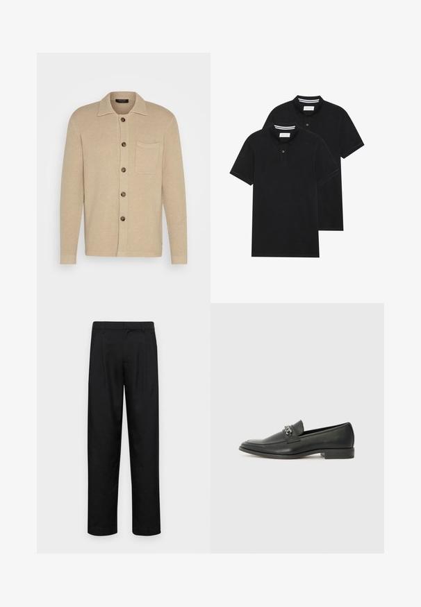 Cardigan en tricot beige avec un col, sept boutons et une poche poitrine. Tissu texturé et manches longues avec des poignets simples.; Deux polos noirs, à manches courtes, en coton, avec un col classique, une patte de boutonnage à deux boutons, et des accents rayés blancs à l'intérieur du col.; Pantalons noirs en tissu lisse, avec une coupe droite, deux plis avant et une taille standard avec passants de ceinture.; Mocassin en cuir noir avec une finition lisse, présentant un design cousu et une accent décoratif en chaîne métallique sur le rand. Talon plat.