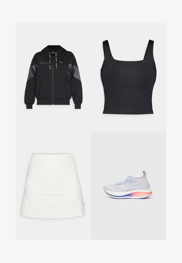 Melna zip-up kapuce ar mīkstas auduma un spīdīgu melnu akcentu kombināciju. Ietver kapuci ar aukliņu un logotipu uz krūšu daļas.; Melnā blūze ar kvadrātveida dekoltē un platām plecu lencēm. Izgatavota no gludas, elastīgas auduma, ar pieguļošu siluetu. Bez rotājumiem.; Balta A-formas svārki ar gludu tekstūru, vidusiedējā garumā un smalku sānu šuvju akcentu. Nav redzamu aizdares vai rakstu.; Gaiši violetas sporta apavi ar teksturētu sieta augšpusi, baltiem un rozā akcentiem, biezu, daudzkrāsainu zoli un tradicionālu šņorēšanas aizdari.