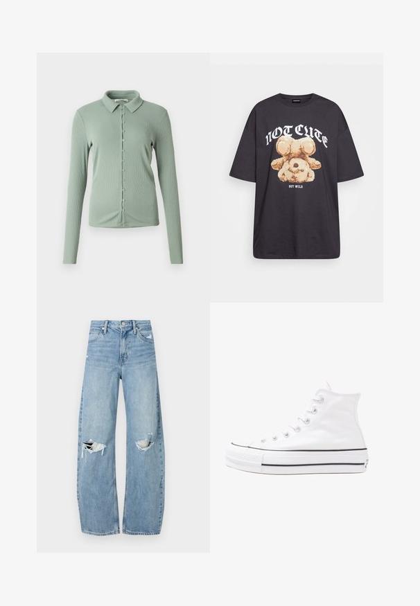 Camicetta a maniche lunghe verde chiaro con colletto. Tessuto a coste con chiusura frontale a bottoni e piccoli bottoni lungo il centro.; T-shirt nera oversize con una grafica di un orso e la scritta "NON CARINA MA SELVAGGIA" in grassetto, lettere bianche. Materiale in cotone.; Jeans azzurri chiari a vita alta realizzati in denim. Presentano gambe larghe, due aree strappate sulle ginocchia e il classico styling a cinque tasche.; Sneaker alta in tela bianca con suola in gomma nera, punta in gomma frontale e sei asole per i lacci, caratterizzata da un design pulito e minimalista.