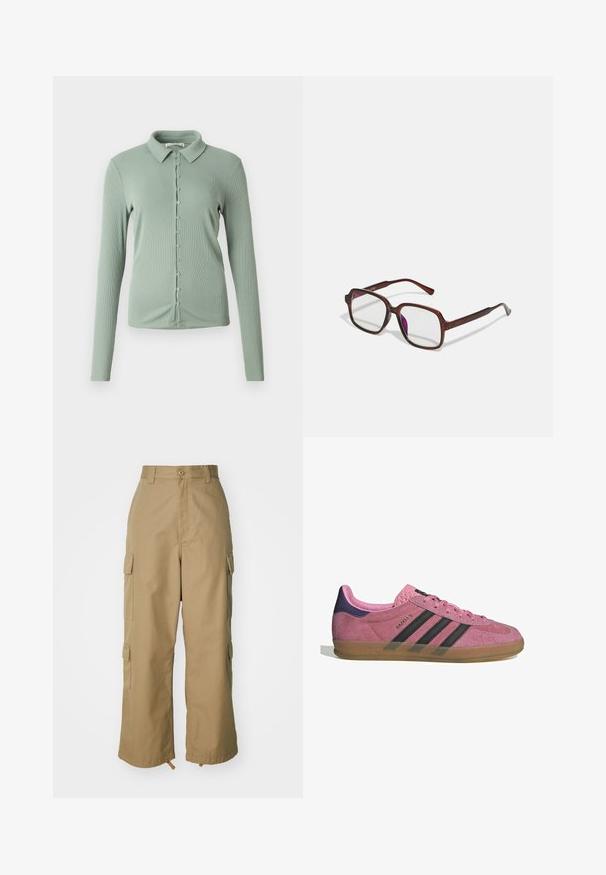 Camicetta a maniche lunghe verde chiaro con colletto. Tessuto a coste con chiusura frontale a bottoni e piccoli bottoni lungo il centro.; Due t-shirt bianche in cotone con maniche corte, scollatura rotonda e silhouette aderente, presentano una texture liscia e un design minimalista.; Pantaloni cargo beige con vita alta, gamba ampia e quattro grandi tasche laterali. Realizzati in un tessuto resistente con una texture liscia e dettagli minimi.; Sneaker in suede rosa con strisce nere, suola in gomma e tallone texturizzato viola. Presenta un design con lacci e un marchio in rilievo sul lato.; Occhiali rettangolari marroni con lenti trasparenti e tonalità viola. Montatura in plastica liscia con stanghette dritte e accenti sottili.