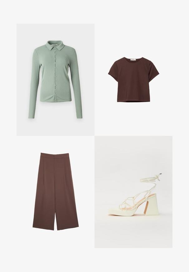 Vaaleanvihreä pitkähihainen paita, jossa on kauluskohdistus. Ribbaustekstuuri, etupainike ja pienet napit keskellä.; Lyhyt ruskea lyhythihainen cropped t-paita, jossa on pyöreä kaula-aukkko, esillä valkoisella taustalla.; Ruskeat leveälahkeiset housut, joissa on sileä pinta, korkea vyötärö ja etupleat. Kangas on kevyttä ja laskeutuu väljänä.; Valkoinen korkokenkä, jossa on paksu korko, ja joka sisältää nauhakiinnityksen ja nilkkaketjun. Sujuva pinta, jossa on platform-etupohja lisäkorkeutta varten.