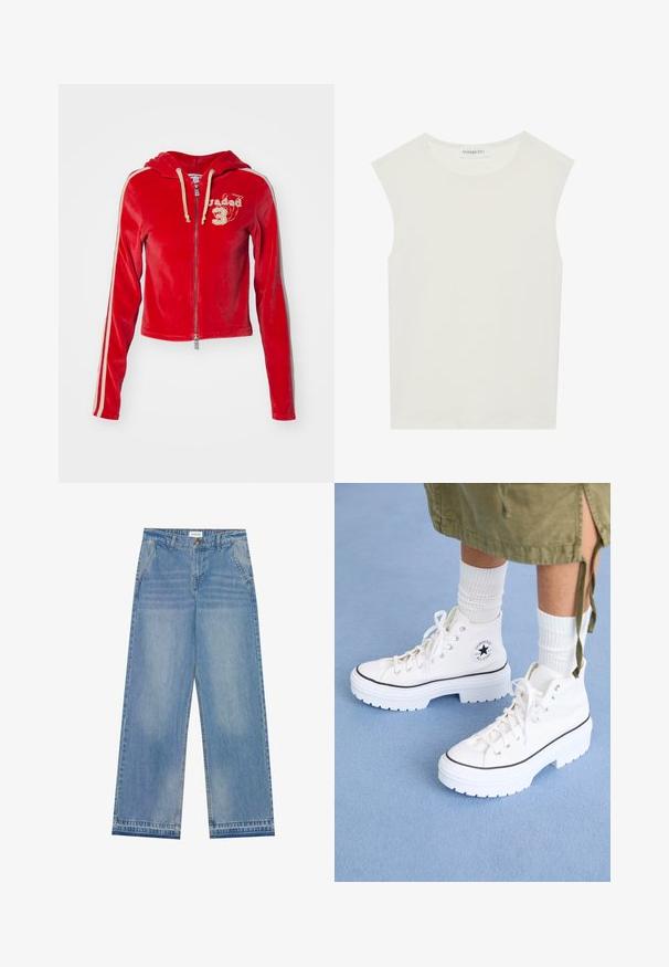 Cropped hoodie de veludo vermelho com cordões bejes, apresentando fecho com zip e riscas laterais brancas. Logótipo bordado no peito.; Top branco sem mangas com decote redondo. Feito de um tecido liso, apresenta um corte descontraído e um design minimalista. Sem padrões ou detalhes.; Jeans de cintura alta, largura larga, em azul claro, com fecho de botão, bolsos frontais, passantes para cinto e detalhes de desbotamento sutis.; Sapatilhas brancas de cano alto com parte superior em lona texturizada, biqueira de borracha e sola plataforma grossa branca. Apresenta detalhes e ilhós em preto.