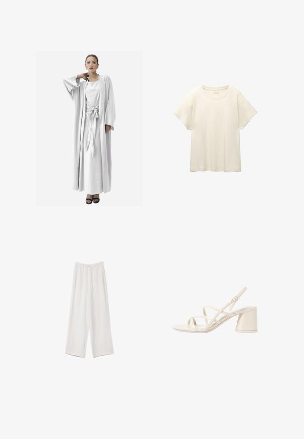 Elara ABAYA - Cardigan - weiß; Lys beige kortærmet t-shirt med rund halsudskæring, lavet af blødt, glat stof. Har en afslappet pasform og lige forneden.; Hvide bukser med bred benlængde lavet af et letvægtsstof. Har et elastisk talje med snor og sidelommer. Glat tekstur.; Beige hælede sandaler med slanke, krydsende stropper, åben tå og en kvadratisk blokhæle. Glat lakeret finish, justerbar ankelrem.