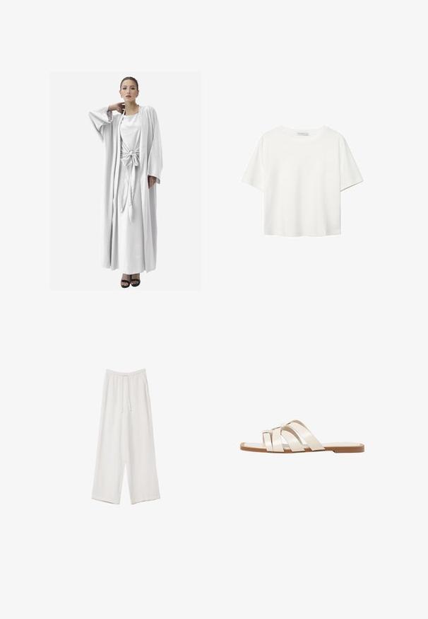 Elara ABAYA - Cardigan - weiß; Hvid kortærmet t-shirt lavet af bomuld. Har en rund halsudskæring og en afslappet pasform. Glat tekstur uden synlige mønstre eller detaljer.; Hvide bukser med bred benlængde lavet af et letvægtsstof. Har et elastisk talje med snor og sidelommer. Glat tekstur.; Flade sandaler med en lys gummisål, designet med tre overlappende hvide læderremme og en lille sløjfe detalje i midten.
