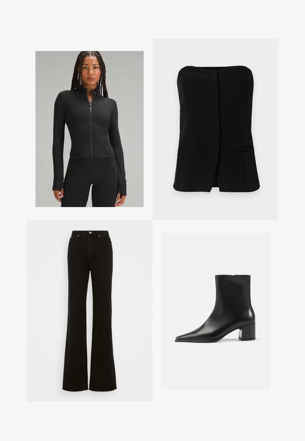 Sort atletisk jakke med høj krave, fuld lynlås, tætsiddende design, flade sømme og tommelhuller ved manchetterne. Glat, strækbart stof.; Sort, ærmeløs top med en lige halsudskæring, frontlukning og to skjulte sidelommer. Glat stof med en skræddersyet design.; Høj talje sorte flare jeans lavet af denim, med knaplukning, sidelommer og en glat tekstur.; Sort læder ankelstøvle med spidse tæer, glat tekstur og mellemhøj blokhæl. Minimalistisk design, lynlås lukning bagpå.