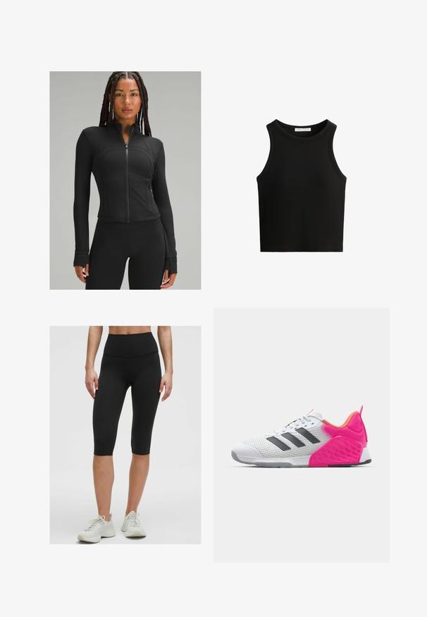 Veste de sport noire avec un col montant, fermeture éclair intégrale, design ajusté, coutures plates et trous pour les pouces aux poignets. Tissu lisse et extensible.; Top en rib avec des côtes noires, doté d'un col rond et de larges emmanchures. Le tissu semble doux avec une coupe ajustée.; Shorts de vélo noirs taille haute en tissu extensible et lisse, se terminant juste en dessous du genou, associés à des chaussures de sport de couleur claire.; Baskets blanches avec rayures grises, tige en mesh et talon rose avec accents. Dispose d'un talon texturé et d'une semelle extérieure en caoutchouc. Lacets et col rembourré.