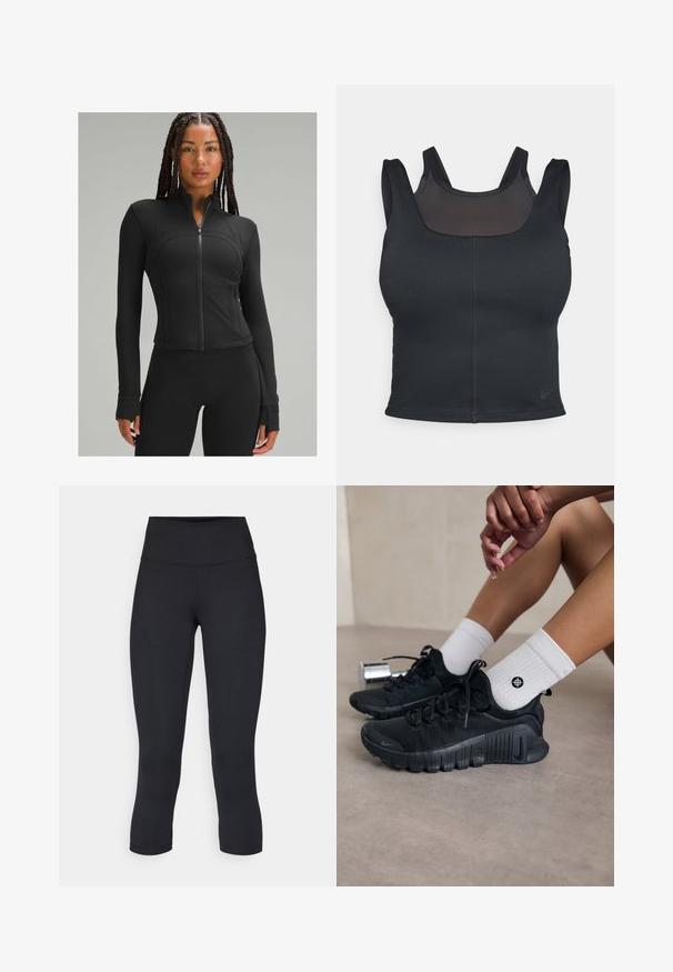 Giacca atletica nera con colletto alto, zip integrale, design aderente, cuciture piatte e aperture per i pollici nei polsini. Tessuto liscio ed elasticizzato.; Bra sportivo nero con design aderente, spalline larghe e sovrapposizione in rete sul davanti. Texture liscia e cuciture minime. Logo Nike sulla parte inferiore.; Leggings cropped neri realizzati in tessuto elasticizzato, con vita alta e texture liscia, senza motivi o componenti visibili.; Scarpe da ginnastica nere con tessuto texturizzato, design con lacci e suola prominente, abbinate a calze bianche a coste con un piccolo logo.