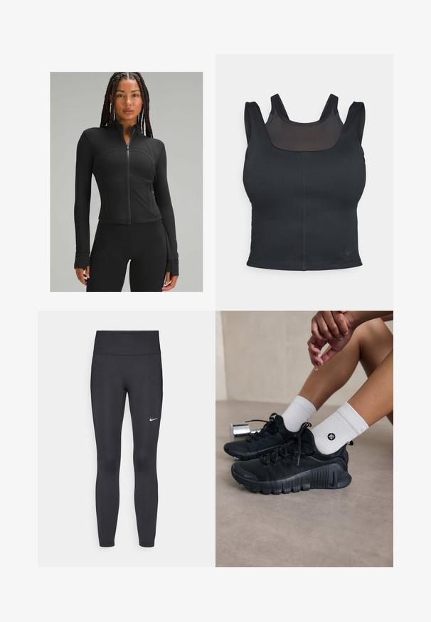 Černá sportovní bunda s vysokým límcem, plným zipem, přiléhavým střihem, plochými švy a otvory pro palce na manžetách. Hladká, pružná tkanina.; Černá sportovní podprsenka s přiléhavým střihem, širokými ramínky a síťovaným překrytím na přední straně. Hladký povrch a minimální švy. Logo Nike na lemu.; Černé legíny vyrobené z elastického materiálu, s vysokým pasem a bílým logem Nike na levém stehně. Hladká textura, přiléhavý střih.; Černé sportovní boty s texturovanou látkou, šněrováním a výraznou podrážkou, v kombinaci s bílými žebrovanými ponožkami s malým logem.