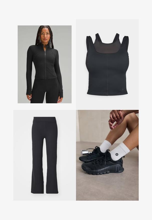 Sort atletisk jakke med høj krave, fuld lynlås, tætsiddende design, flade sømme og tommelhuller ved manchetterne. Glat, strækbart stof.; Sort sportsbh med en tætsiddende design, brede stropper og et netoverlag på fronten. Glat tekstur og minimale sømme. Nike logo på kanten.; Sorte trompetbukser lavet af strækbart stof med høj talje. Har rene linjer og en glat tekstur, velegnet til afslappet brug.; Sorte træningssko med struktureret stof, snørebåndsdesign og en markant sål, parret med hvide ribbede sokker med et lille logo.