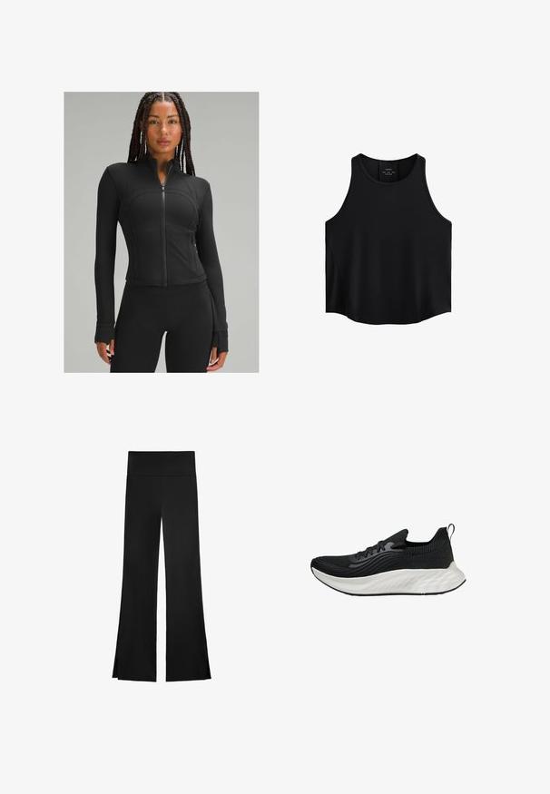 Schwarze Sportjacke mit hohem Kragen, durchgehendem Reißverschluss, figurnaher Passform, flachen Nähten und Daumenöffnungen an den Bündchen. Glattes, elastisches Material.; Schwarzes ärmelloses Top aus glattem Stoff, mit einem runden Ausschnitt, geradem Schnitt und seitlichen Einsätzen mit einer subtilen Textur.; Schwarze Hose mit weitem Bein, ausgestattet mit einem hohen Bund und seitlichen Schlitzen für zusätzliche Bewegungsfreiheit. Hergestellt aus einem glatten, elastischen Stoff.; Schwarzer Sportschuh mit einer strukturierten Oberseite, einer weißen gepolsterten Sohle und dezentem Branding. Verfügt über eine Zuglasche und eine Schnürverschluss.