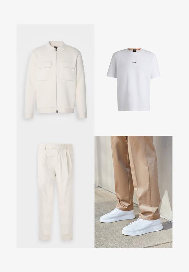 Ljusbeige zip-up jacka gjord av texturerat tyg, med krage och två framfickor med klaff. Ribbad mudd och nederkant fulländar designen.; Vit bomull T-shirt med korta ärmar, med en svart "BOSS"-logotyp centrerad på bröstet och en rund nackdesign.; Vita, plisserade byxor med skräddarsydd passform, med en mjuk yta, bälteshängare och avsmalnande ben. Inga synliga fickor eller mönster.; Vita lädersneakers med en slät yta, rund tå, vita snören och en minimalistisk design. Bärs med ljusbruna, avsmalnande byxor.