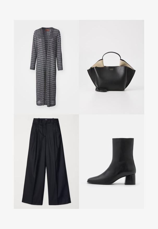 Pitkä, avonainen kardigan mustavalkoisella siksak-kuviolla, valmistettu kevyestä, puoliksi läpinäkyvästä kankaasta, jossa on pitkät hihat eikä kiinnitysmekanismeja.; Mustat pitkät hiharatoppi, joka on valmistettu pehmeästä kankaasta. Topissa on pyöreä pääntie ja rento istuvuus, jossa on sivuhalkiot helman kohdalla liikkumisen helpottamiseksi.; Musta leveälahkeinen housut, jotka on valmistettu sileästä kankaasta. Niissä on korkea vyötärö, laskoksia ja räätälöity muotoilu. Yksinkertaiset mustat metalliosat vyötäröllä.; Mustat nahkasaappaat nilkkakorkeudella, joissa on terävä kärki ja tukeva neliön muotoinen korko. Sileä pinta, saumaton muotoilu ja minimalistinen ommel.; Ree Projects ANN TOTE MINI - Käsilaukku - black