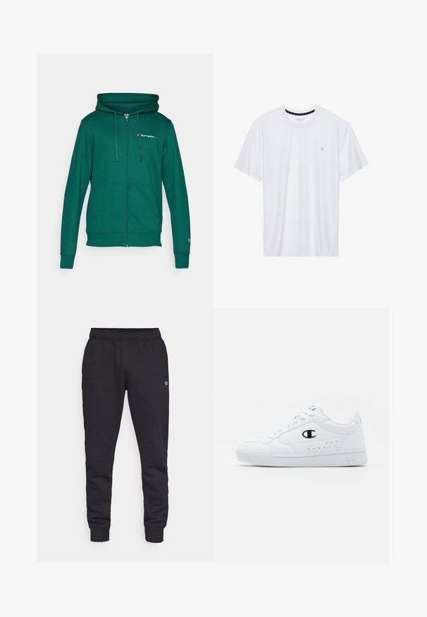 Champion ICONS FULL ZIP HOODIE SMALL LOGO - Sudadera con cremallera - dark green; Camiseta de algodón de cuello redondo en color blanco, con mangas cortas y un pequeño logo bordado en el área del pecho izquierdo. Textura suave.; Pantalones de chándal negros de algodón con cintura elástica y puños ajustados. Presenta un detalle de logotipo en el lateral. Textura suave, diseño entallado.; Zapatillas deportivas blancas con un upper sintético suave, acento del logo en negro y detalles perforados en los laterales. Suela de goma.