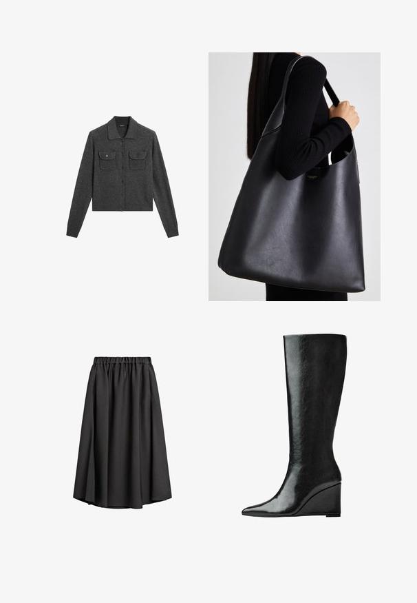Grau gestrickte Wolle-Kardigan mit Kragen, Knopfschluss und zwei Fronttaschen. Hat gerippte Manschetten und einen geraden Saum.; Schwarzes kurzärmliges Oberteil mit rundem Ausschnitt, das über Faltendetails und ein eng anliegendes Oberteil verfügt, das sich am Saum ausweitet. Hergestellt aus weichem Stoff.; Schwarze Midirock aus leichtem, fließendem Stoff mit elastischem Bund und leicht ausgestellter A-Linie. Keine sichtbaren Muster oder Akzente.; Knöchelhohe schwarze Lederstiefel mit schlanker, spitzer Zehenform und Wedge-Absatz. Die Oberfläche ist glatt mit einem glänzenden Finish.; Schwarze Leder-Taschen mit glatter Textur, übergroßer Form und einem einzigen Schulterriemen. Besitzt einen goldenen Logo-Akzent.