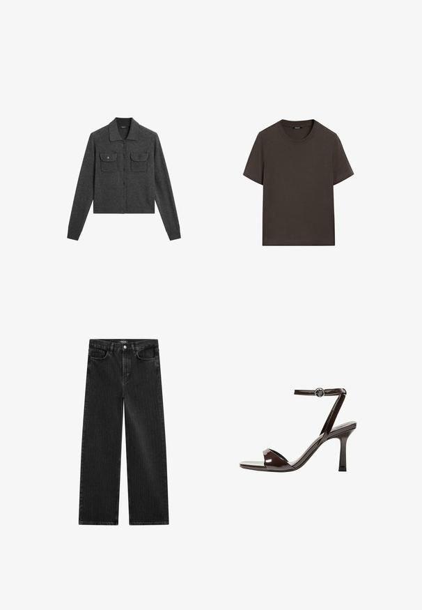 Grijze wollen cardigan met een kraag, knoopsluiting en twee voorzakken. Heeft ribgebreide manchetten en een rechte zoom.; Donkerbruin T-shirt met korte mouwen, gemaakt van katoen. Heeft een ronde halslijn en een ontspannen pasvorm, zonder zichtbare patronen of accenten.; Wijd gesneden zwarte denim jeans met een subtiel verticaal streepmotief, voorzien van een vijfzakkenontwerp en een klassieke knoopsluiting bij de taille.; Bruine gepatenteerde lederen sandaal met hoge hak, enkelbandje, open teen, en een strak, minimalistisch ontwerp. Voorzien van een vierkante hak.