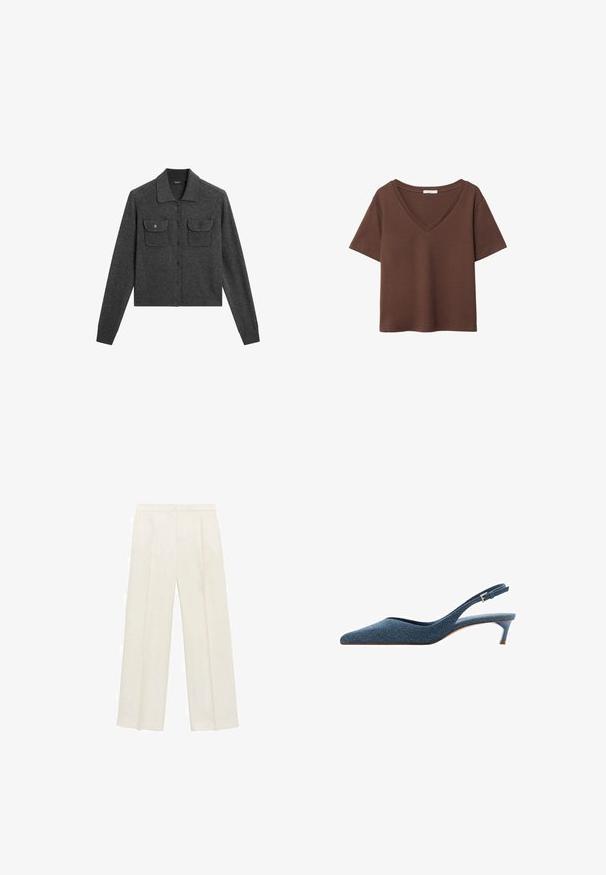 Grå ullkofta med krage, knäppning och två fickor fram. Har ribbade manschetter och rak fåll.; Brun bomulls t-shirt med korta ärmar och djup V-ringning. Enkel design, mjuk textur och rak fåll. Inga mönster eller dekorationer.; Breda byxor i en ljus krämfärg. Tillverkade av ett mjukt tyg med veck fram och sidofickor.; Jeans slingbackklackar med spetsig tå och en låg, smal klack. Har ett strukturerat tyg i mörkblått och en glatt, strömlinjeformad design.