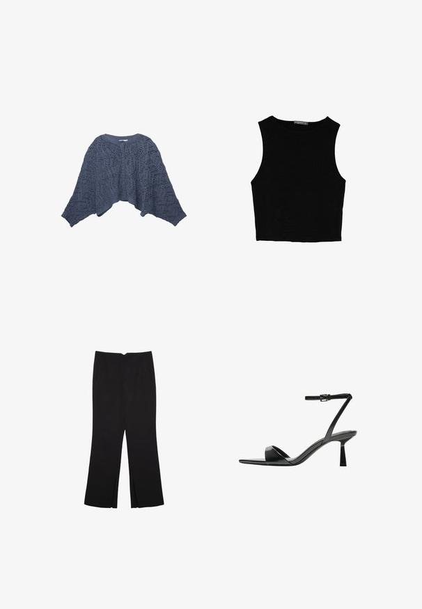 Strickcardigan in Dunkelblau mit offenem Vorderteil, Spitzenmuster und weiten Ärmeln. Fünf Knöpfe an der Vorderseite veredeln das Design.; Schwarzes ärmelloses Crop-Top aus glattem Stoff, mit rundem Ausschnitt und einem klaren, schlichten Design ohne Muster oder Beschläge.; Schwarze Hose mit geradem Schnitt, ausgestattet mit Fronttaschen und Seitenschlitzen am Saum. Hergestellt aus weichem, glattem Stoff. Geeignet für verschiedene Anlässe.; Bershka High Heel Sandalette - black