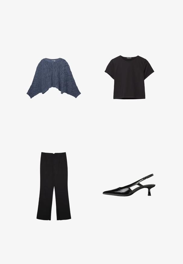 Dzianinowy kardigan w ciemnoniebieskim kolorze, z otwartym przodem, wzorem koronkowym i szerokimi rękawami. Pięć guzików z przodu podkreśla projekt.; Czarny krótki top z krótkim rękawem wykonany z miękkiego materiału, z okrągłym dekoltem i luźnym krojem oraz czystą linią dołu.; Czarne spodnie o prostym kroju, z przednimi kieszeniami i bocznymi rozcięciami na dole. Wykonane z miękkiego, gładkiego materiału. Odpowiednie na różne okazje.; Czarne lakierowane czółenka na odkrytej pięcie z wąskim noskiem, z wykrojem po bokach i małym kwadratowym obcasem. Gładka faktura z minimalnymi akcentami.