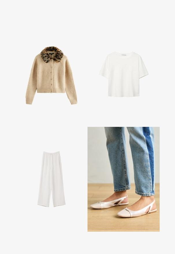 Cardigan beige en matière douce, avec un col en fausse fourrure à imprimé léopard, sept boutons, et des poignets et un ourlet côtelés.; T-shirt blanc à manches courtes en coton. Doté d'un col ras du cou et d'une coupe décontractée. Texture lisse sans motifs ni accents visibles.; Pantalons larges blancs en tissu léger. Dotés d'une taille élastique avec cordon de serrage et de poches latérales. Texture lisse.; Ballerines slingback rose pâle avec un bout pointu, fabriquées en un matériau semblable au cuir lisse. Présentent des découpes sur les côtés et un talon plat.