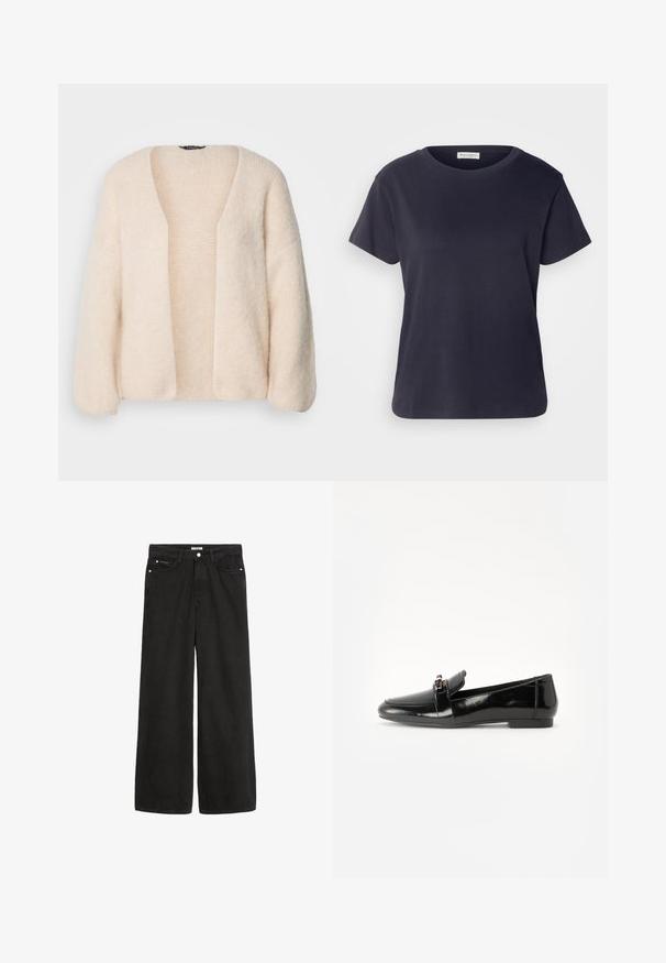 Šviesiai smėlinė per didelė kardiganas, pagamintas iš švelnaus, tekstūrinio megztinio audinio. Atviras priekis, plačios rankovės ir be užsegimų.; Jūrų mėlynos spalvos medvilnės T-marškiniai su apvalia iškirpte, trumpomis rankovėmis ir laisvu sijonu. Lygus paviršius ir minimalus dizainas, be matomų raštų.; Platus juodas džinsinis kelnes su aukštu juosmeniu. Yra penkios kišenės, metalinės detalės ir švarus apdaila. Paviršius yra lygus ir švelnus.; Juodas patentuotas odinis loaferis su plokščiu padu, apvaliu pirštu ir dekoratyvine juostele su auksine akcentu. Lygus, blizgantis paviršius.