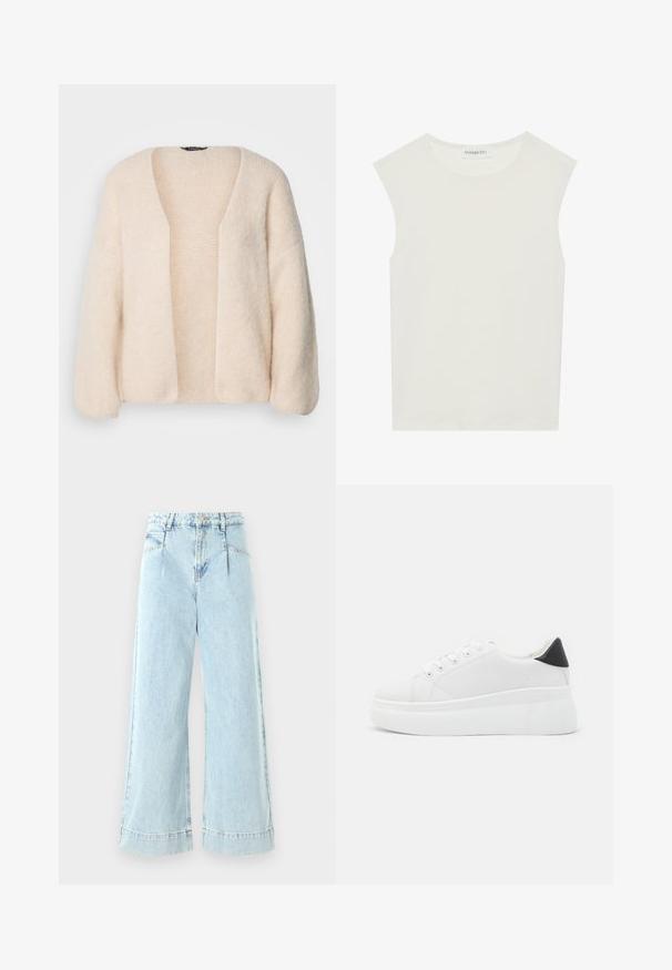 Cardigan surdimensionné beige clair en tricot doux et texturé. Ouvert à l'avant avec des manches larges et sans fermetures.; Haut sans manches blanc avec un col rond. Fabriqué en tissu lisse, il présente une coupe décontractée et un design minimaliste. Pas de motifs ni d'accents.; Jeans larges en denim bleu clair, avec une taille haute, des poches avant et des accents cousus à l'ourlet.; Baskets plates blanches en matériau synthétique lisse, avec un bout arrondi, un design à lacets et une semelle en caoutchouc texturé. Accent de talon noir.