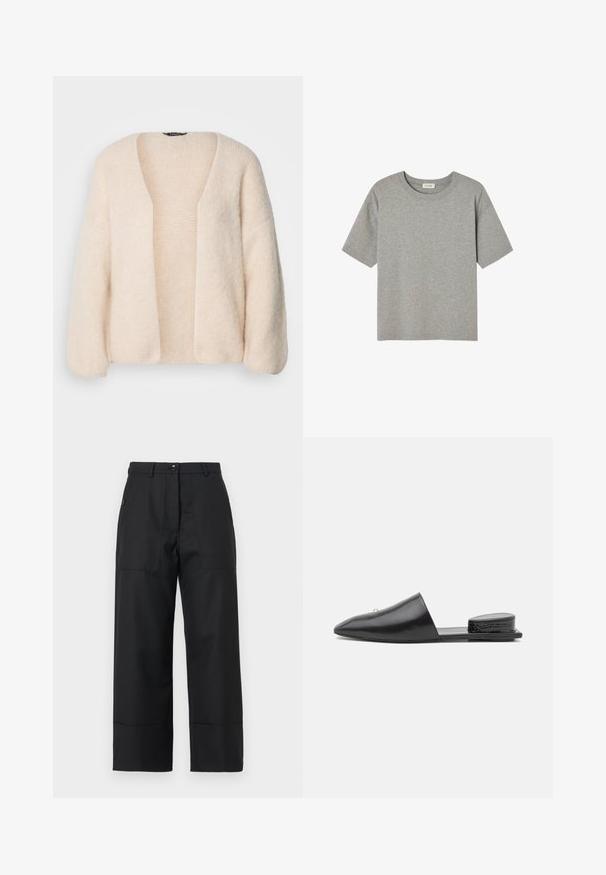 Light beige oversized cardigan made of soft, textured knit fabric. Open front with wide sleeves and no fastenings.; Gray short-sleeve T-shirt made of soft cotton, featuring a crew neck and relaxed fit with no prominent patterns or accents.; Black wide-leg trousers made of smooth fabric. Features a button closure, front pockets, and clean lines. Hem is slightly flared.; Black leather slip-on mules with pointed toe, minimal design, and textured rear heel accent. Smooth surface and flat sole.