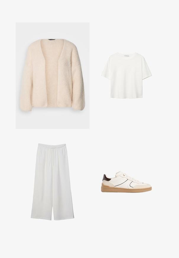 Hellbeige, übergroßer Cardigan aus weichem, strukturiertem Strickstoff. Offene Vorderseite mit weiten Ärmeln und ohne Verschlüsse.; Weißes T-Shirt mit kurzen Ärmeln aus Baumwolle. Hat einen Rundhalsausschnitt und eine lockere Passform. Glatte Textur ohne sichtbare Muster oder Akzente.; Weiße, weit geschnittene Hosen aus leichtem Stoff, mit einem elastischen Bund und einem Zugband für eine verstellbare Passform. Glatte Textur.; Stradivarius Sneaker low - white