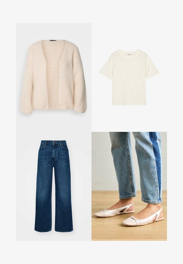 Cardigã oversized em bege claro, feito de um suave tecido de malha texturizado. Frente aberta com mangas largas e sem fechos.; T-shirt de manga curta off-white, feito de um tecido macio e texturizado, com um decote redondo e um corte descontraído. Sem logótipos ou detalhes adicionais.; Jeans de cintura alta e pernas largas em denim azul escuro com uma textura suave, costuras em contraste e design de cinco bolsos. Fecho frontal com botão.; Sapatilhas slingback de cor rosa pálido com bico fino, feitas de um material semelhante a couro liso. Apresentam detalhes recortados nas laterais e um salto plano.