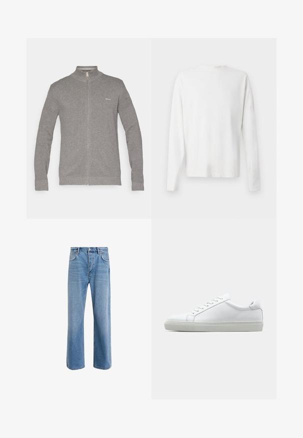 Pelēks jaku ar rāvējslēdzēju, augstu apkakli, strukturētu adījuma rakstu, garām piedurknēm un mazu logotipu kreisajā krūšu pusē.; Garums piedurkņu baltā kokvilnas krekls ar apaļu dekoltē, sānu šķēlumiem apakšā un gludu tekstūru, redzams no aizmugures.; Gai zilas džinsu bikses ar taisnām kājām, piecām kabatām, pogu aizvēršanu, minimālu izbalēšanu un kontrastējošiem šuvju elementiem.; Baltie sporta apavi ar gludu ādas virsu un zemu profilu. Iezīmējas ar noapaļotu purngalu, sešām acīm un teksturētu gumijas zoli.