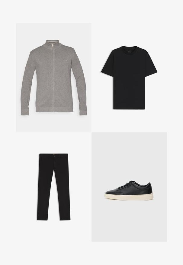 Grå zip-up tröja med hög krage, strukturerad stickad mönster, långa ärmar och en liten logotyp på vänster sida av bröstet.; Svart kortärmad T-shirt i en mjuk bomullsblandning, med rundad halsringning och en minimalistisk design utan mönster eller detaljer.; Svarta byxor gjorda av tyg med en slät textur. Har en knäppning med knapp, bälteshällor och sidofickor. Standard rakt ben-design.; Svart låg skor i läder med svarta snören och off-white sula, visas i sidoprofil på vit bakgrund.