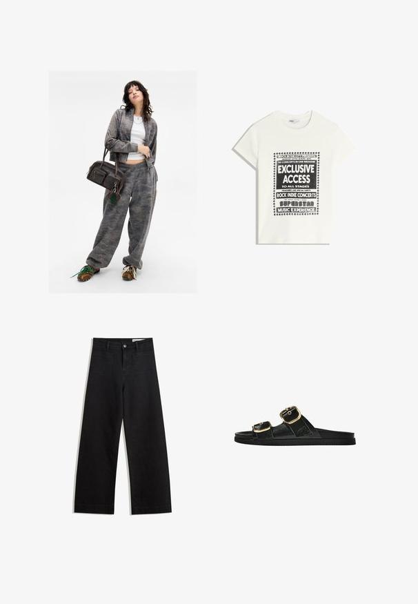 Graue Tarnmuster-Jacke mit Reißverschluss und passenden Jogginghosen. Braune Handtasche mit zwei Reißverschlussfächern und grünem Schlüsselanhänger. Braune Schuhe.; Weißes T-Shirt mit schwarzem Text zur Bewerbung eines Musikevents, mit den Aufdrucken "Exklusiver Zugang", "Rock Indie Konzerte" und "Superstar Musikerlebnis."; Schwarze weit geschnittene Jeans mit hoher Taille, ausgestattet mit Vorder- und Hintertaschen, gesteppten Nähten und einem Knopfverschluss. Glatte Textur.; Schwarze Riemensandale mit zwei goldenen Schnallendetails, glattem Material, flachem Sohlen und minimalistischer Gestaltung.