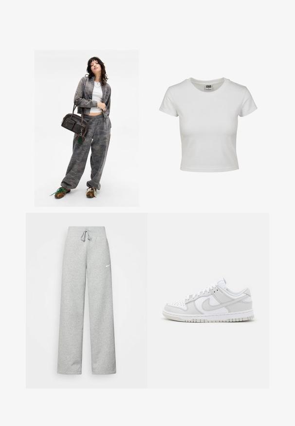 Jaket z zadrgo v sivo-vojaškem vzorcu s usklajenimi trenirkami. Rjava torbica z dvema žepoma na zadrgo in zelenim obeskom. Rjave čevlje.; Bela bombažna majica s klasičnim okroglim ovratnikom, kratkimi rokavi in prilegajočim se krojem. Ni vidnih vzorcev ali dodatkov.; Sive hlače iz trenirke z elastičnim pasom, detajlom na vezanje in majhnim belim logotipom Nike na levem stegnu. Mehak material, ohlapen kroj.; Bela usnjena športna obutev z sivo-nitastimi detajli, perforiranim prstom, ravnimi vezalkami, oblazinjeno ovratnikom in teksturirano gumijasto podplatom.