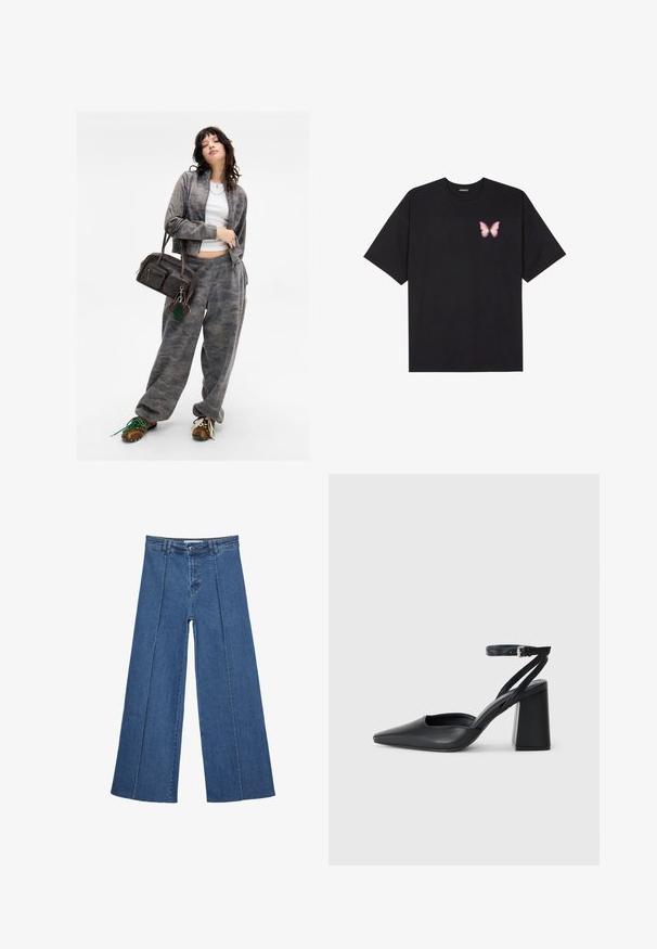 Harmaa kamouflage-kuvioinen vetoketjullinen takki, joka on yhdistetty sopiviin verkkareihin. Ruskea käsilaukku, jossa on kaksi vetoketjullista taskua ja vihreä avaimenperäkoriste. Ruskeat kengät.; Musta puuvillapaita lyhyillä hihoilla, jossa on pieni vaaleanpunainen perhosgrafiikka vasemmassa rinnassa. Pyöreä kaula-aukko ja rento istuvuus.; Korkeat vyötäröiset, keskisiniset, leveiden lahkeiden denim-farkut, joissa on nappikiinnitys ja kontrastiväriset pystysaumadetaileja edessä.; Mustat nahkakengät, joissa on kapea kärki, nilkkaremmi ja paksu korko. Tasainen pinta, tyylikäs muotoilu ja minimalistinen estetiikka.