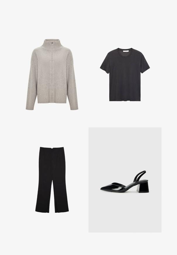 Hellgrauer, gerippter Pullover mit hohem Kragen und Reißverschluss vorne. Verfügt über weite Ärmel und eine legere Passform, hergestellt aus einem weichen, strukturierten Stoff.; Schwarzes Rundhals-T-Shirt aus weicher Baumwolle. Kurze Ärmel, lockere Passform und gerader Saum ohne Verzierungen oder Muster.; Schwarze Hose mit geradem Schnitt, ausgestattet mit Fronttaschen und Seitenschlitzen am Saum. Hergestellt aus weichem, glattem Stoff. Geeignet für verschiedene Anlässe.; Schwarze Lackleder-Slingback-High Heels mit spitzem Schuh und einem geometrischen Blockabsatz. Verfügt über ein schlankes, minimalistisches Design und eine glatte Textur.