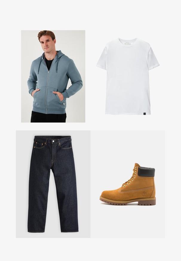 Felpa zip blu chiaro realizzata in tessuto morbido. Presenta un cappuccio con coulisse, tasche anteriori e polsini a coste con un'etichetta logo sul fondo.; T-shirt bianco attillato in cotone. Collo rotondo, maniche corte, texture liscia. Piccola etichetta nera al fondo. Design semplice.; Jeans in denim blu scuro con taglio dritto, cinque tasche, cuciture arancioni a contrasto e chiusura con bottone. Nessun motivo o decorazione visibile.; Stivale alla caviglia in suede tan con collare imbottito nero, occhielli in metallo dorato, dettagli in cucitura bianca e suola in gomma robusta con battistrada pronunciato.