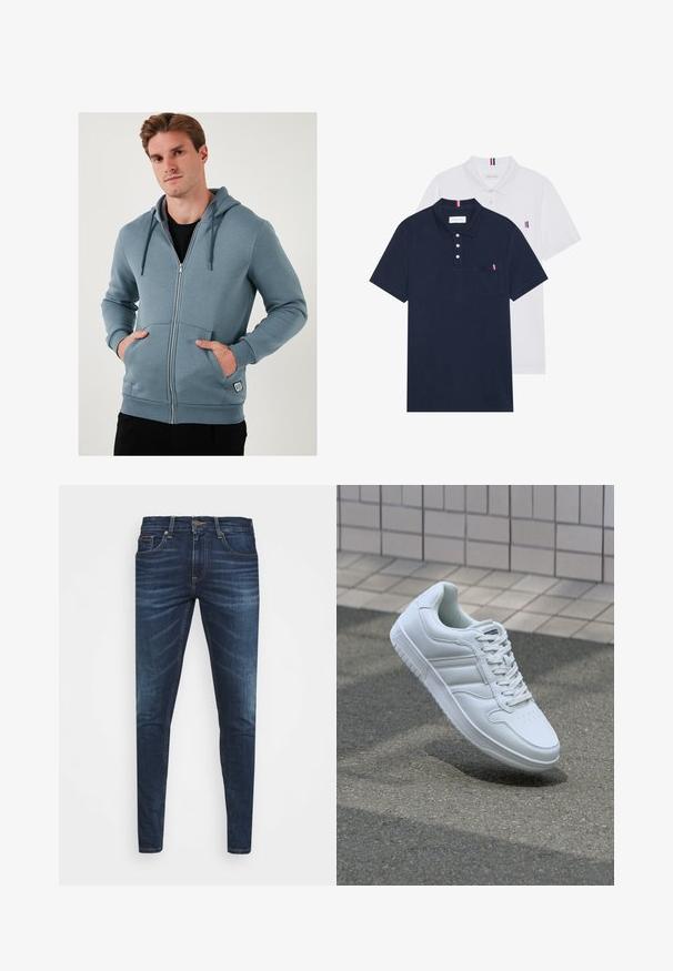 Svijetloplavi zip-up dukserica izrađena od mekog materijala. Ima kapuljaču s vezicom, prednje džepove i rebraste manžete s oznakom logotipa na dnu.; Dva polo majice: jedna tamnoplava i jedna bijela, obje s malim crveno-bijelim-plavim naglaskom na džepu i ovratniku.; Tamno plave traperice uskog kroja, s blagim izbljeđivanjem, pet džepova i metalnim zatvaranjem na dugme. Šivani detalji u kontrastnoj boji.; Bijela atletska tenisica s glatkim kožnim gornjim dijelom, vezanjem sprijeda, perforiranim vrhom i uzorkovanim đonom. Minimalistički dizajn s tri bočne pruge.