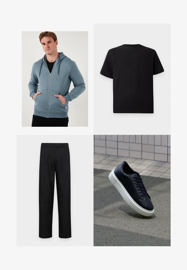 Helleblaue Kapuzenjacke mit Reißverschluss aus weichem Material. Verfügt über eine Kordelzugkapuze, Fronttaschen und gerippte Bündchen mit einem Logotag am Saum.; Schwarzes Kurzarm-T-Shirt aus strukturiertem Stoff, mit einem Rundhalsausschnitt und einer lockeren Passform. Einfach, ohne Muster oder Akzente.; Schwarze Hose aus glattem Stoff, mit geradem Bein Design, zwei vorderen Falten und einem Standardbund mit Gürtelschlaufen.; Schwarze Leder-Sneaker mit runder Zehenpartie und weißer Gummisohle. Verfügt über flache Schnürsenkel und minimale Nähte im Obermaterial. Strukturiertes Sohlenprofil für besseren Halt.