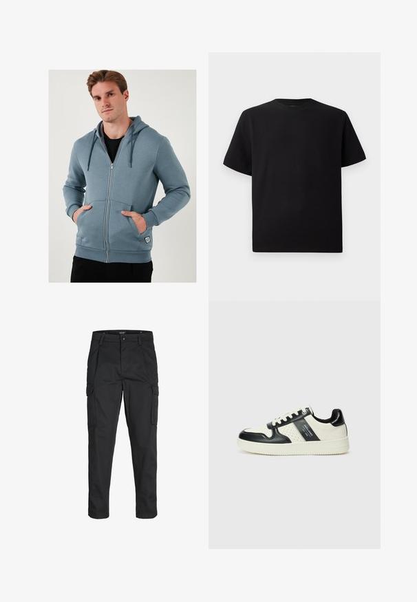 Hele sinine tõmblukuga kapuutsiga sviiter, mis on valmistatud pehmest kangast. Omab nööriga kapuutsi, esi-taskuid ja soonikkoes mansette, mille alumises osas on logo silt.; Must have lühikeste varrukatega must T-särk, mis on valmistatud tekstuursetest materjalidest, ümmarguse kaelusega ja lõdva lõikega. Lihtne, ilma mustrite või aktsentideta.; Mustad mustapõlvik, mis on valmistatud tugeva koe kasutades, sisaldab mitmeid taskuid, nupule kinnitatav sulgemine ja kitsenev disain.; Nahatud nahkkingad musta ja kreemi värviskeemiga, millel on perforeeritud aktsendid, pehme krae ja tekstureeritud tallad.