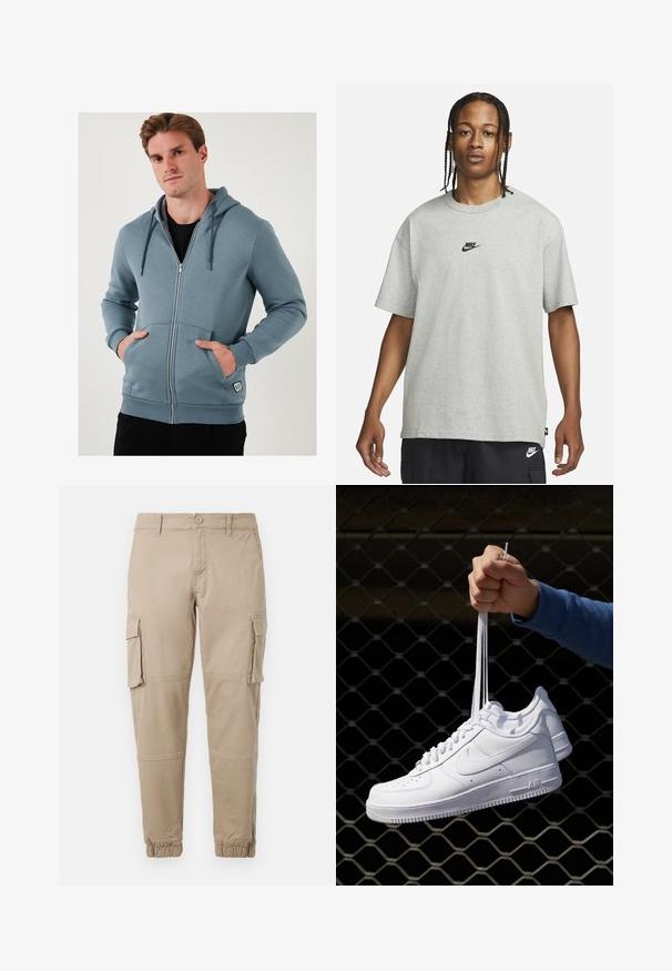 Light blue zip-up hoodie made of soft fabric. Features a drawstring hood, front pockets, and ribbed cuffs with a logo tag on the bottom.; Young person with braided hair wearing a light gray Nike T-shirt and black Nike shorts against a plain white background.; Beige cargo pants in a lightweight cotton material. Features elastic cuffs, multiple side pockets, and a button closure.; White leather sneakers with perforations, round toe, flat sole, and thick laces, featuring a visible swoosh logo and "AIR" on the heel.