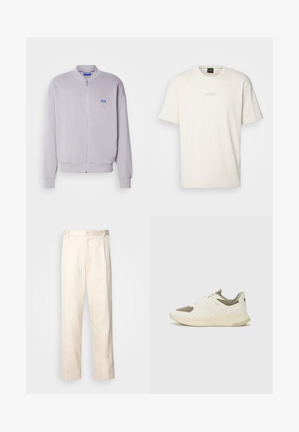 HUGO NARANE - Chaquetas bomber - open grey; BOSS TEE - Camiseta básica - open white; Pantalones de algodón beige con corte recto, que cuentan con un cierre de botón y pliegues en la parte frontal para un detalle adicional.; Zapatilla deportiva en blanco y beige claro, con parte superior de malla, detalles perforados y una mediasuela texturizada con la marca en el talón.